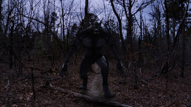3d illustration of a Werewolf Dogman Bipedal Canine Cryptid in a forest looking menacing