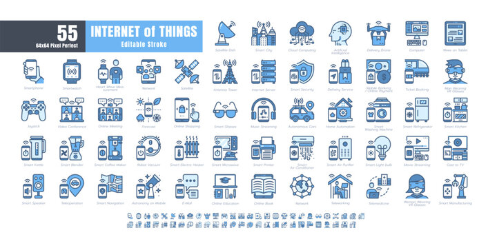 64x64 Pixel Perfect. Internet of Things (IOT). Monochrome Blue Filled Outline Icons Vector. for Website, Application, Printing, Document, Poster Design, etc. Editable Stroke