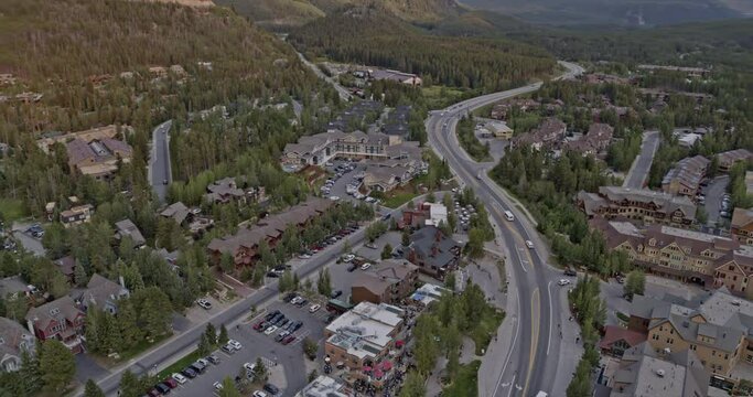 Breckenridge Colorado Aerial v6 birdseye view of town landscape by the mountains during sunset - Shot on DJI Inspire 2, X7, 6k - August 2020
