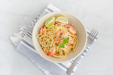 Spaghetti Pasta with Shrimp Garnished with Basil