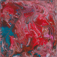 Abstract red blue background created with poured paint, turmoil, emoties, overflow