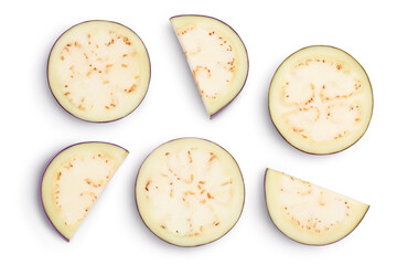 Eggplant or aubergine slices isolated on white background with clipping path and full depth of field. Top view. Flat lay.