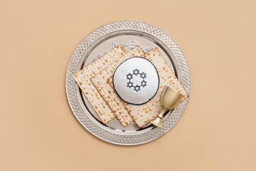 Composition with Passover Seder plate on color background