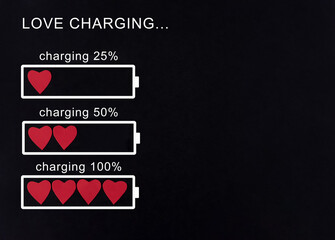 Carging process using red heart symbols on a black background.