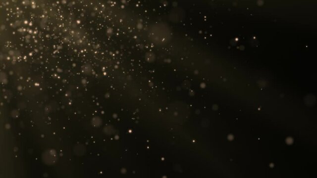 Gold glitter background with sparkle shine light confetti. Abstract motion background shining gold particles. Shimmering Glittering Particles With Bokeh. Seamless 4K loop video 3d animation
