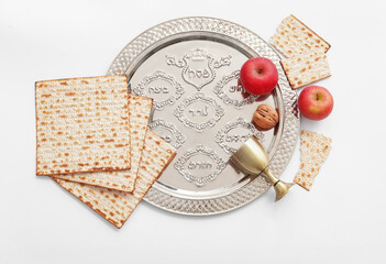 Composition with Passover Seder plate on white background