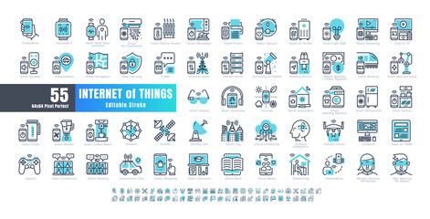 64x64 Pixel Perfect. Internet of Things (IOT). Line Outline and flat Icons Vector. for Website, Application, Printing, Document, Poster Design, etc. Editable Stroke