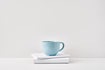 The mug stands on a stack of books on a white background. Natural and eco-friendly materials. Copy space, mock up