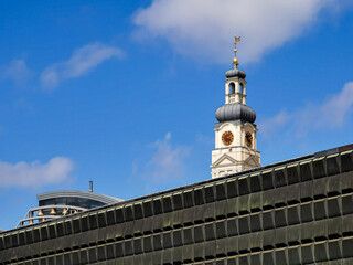 Clock tower of Riga Town Hall in capital of Latvia.