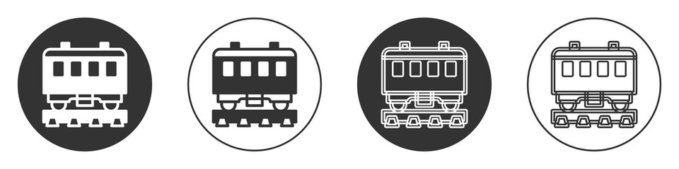 Black Passenger train cars icon isolated on white background. Railway carriage. Circle button. Vector.