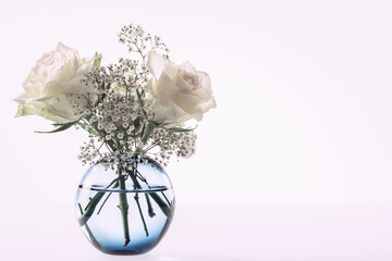 weiße rosen in blauer glasvase isoliert auf weiß