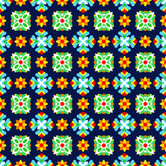 Seamless vector pattern from floral motives on a dark background. Maiolica. Italian ornament, Italian ceramics, Mediterranean seamless wallpaper. Ornamental illustration for greeting card, mosaic tile