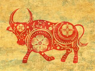 Red ox with white flowers grunge