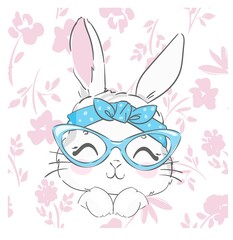 Hand Drawn Cute Bunny with glasses and a bow with flowers, Rabbit vector illustration.