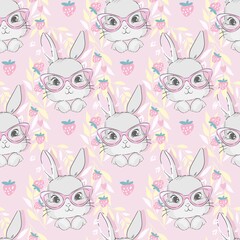 Seamless Pattern Cute Rabbit. Hand Drawn Bunny, print design rabbit background. Vector Seamless. Print Design Textile for Kids Fashion.