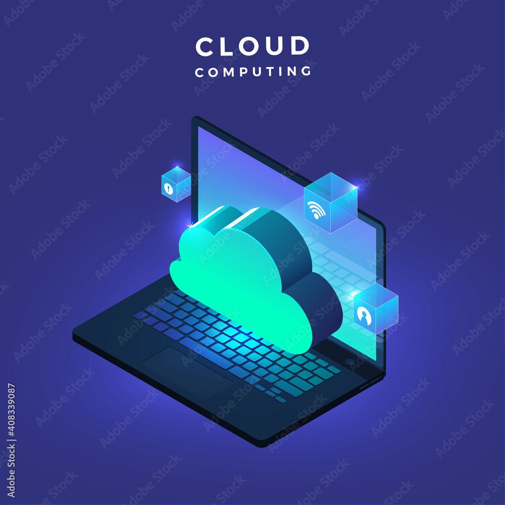Poster illustrations concept cloud computing.icon cloud 3d network technology. isometric vector graphic.