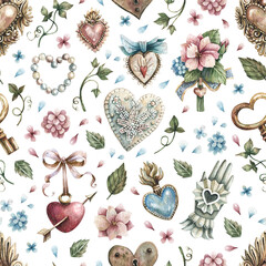 Vintage romantic pattern with hearts and flowers for Valentine's day or wedding. Watercolor background with romantic hand-drawn elements. Texture for wrapping paper, fabric, cards and invitations