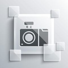 Grey Photo camera icon isolated on grey background. Foto camera icon. Square glass panels. Vector.