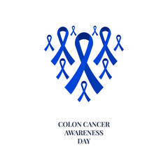 Colon cancer poster with a heart made of ribbons on white background. Blue bows for support and solidarity concept. Medical concept. Vector illustration.