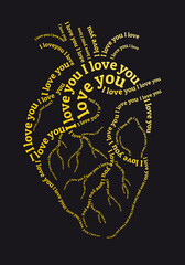Gold human heart with I love you text, vector