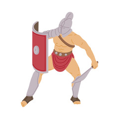 Roman gladiator warrior in fighting armor holding sword and shield.