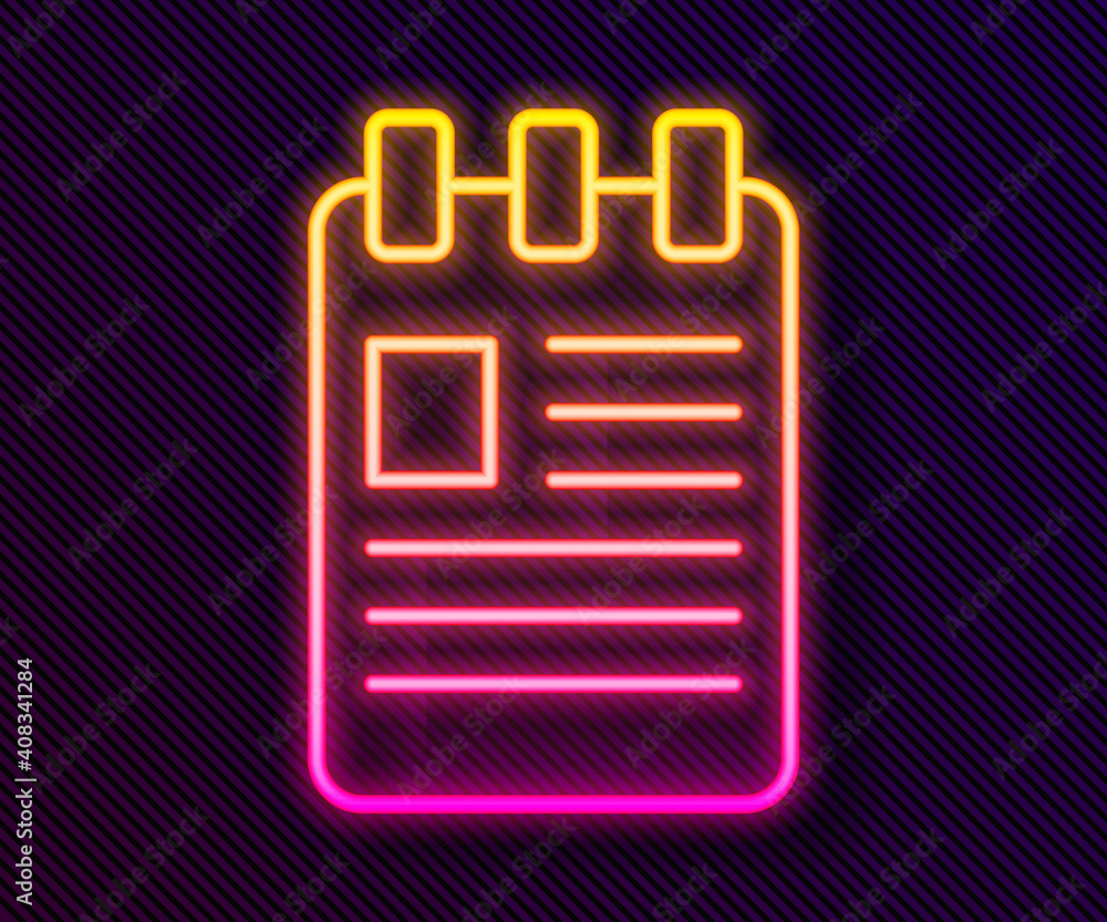 Poster glowing neon line notebook icon isolated on black background. spiral notepad icon. school notebook. 