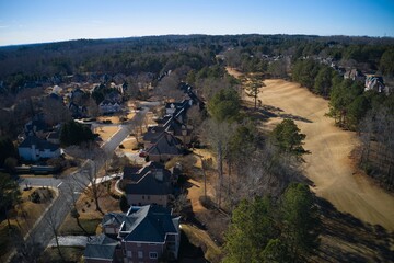 Obraz premium Aerial panoramic view of an upscale subdivision in suburbs of USA