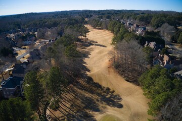 Aerial panoramic view of an upscale subdivision in suburbs of USA