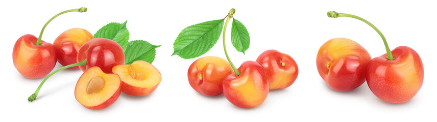 yellow-red sweet cherry isolated on white background with full depth of field, Set or collection