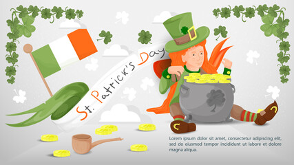 Flat illustration banner for decorating designs on the theme of St. Patricks Day A girl in a leprechaun costume hugs a pot of gold coins on the background of the flag of Ireland