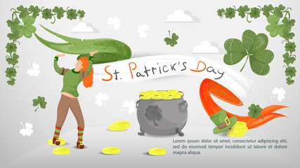 Flat illustration banner for decorating designs on the theme of St. Patricks Day A girl in a leprechaun costume holds the flag of Ireland