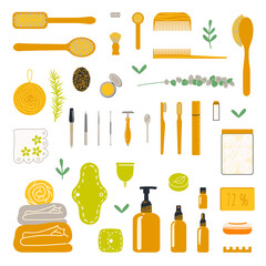 A set of eco friendly personal hygiene products. Vector illustration in a flat style.