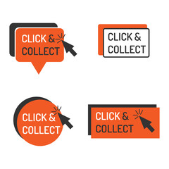 Detailed click and collect sign isolated white. Shop store label sign click and collect set with mouse icon. Business commerce service sticker sign vector illustration