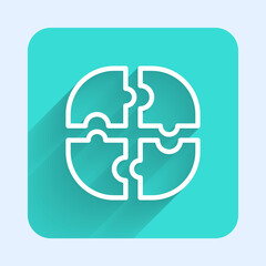 White line Piece of puzzle icon isolated with long shadow. Business, marketing, finance, template, layout, infographics, internet concept. Green square button. Vector.