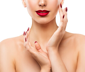 Obraz na płótnie Canvas Nail Lip Beauty Model. Woman Face Hand Skin Care. Make up Portrait Close up isolated White