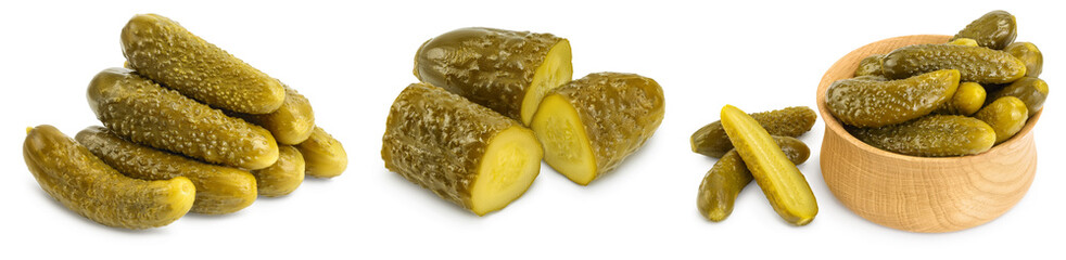 Marinated pickled cucumber isolated on white background with full depth of field. Set or collection