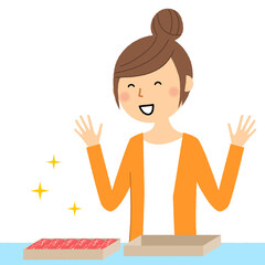 ふるさと納税　返礼品　喜ぶ女性
