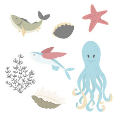 Set of marine elements - octopus, fish, shell, seaweed, starfish. Flat vector cartoon illustration 