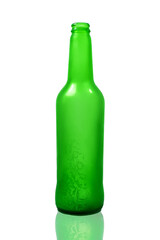empty green frosted frozen beer bottle on white background