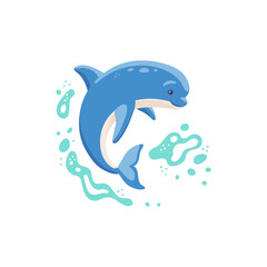 Blue dolphin character splashing in sea wave flat vector illustration isolated.