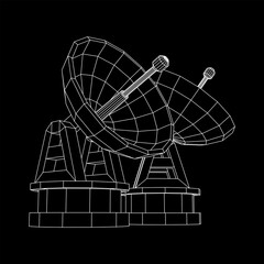 Radar. Directional radio antenna with satellite dish. Astronomy radio telescope . Wireframe low poly mesh vector illustration