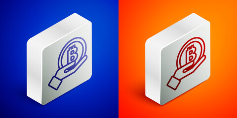Isometric line Hand holding Bitcoin icon isolated on blue and orange background. Blockchain technology, digital money market, cryptocoin wallet. Silver square button. Vector.