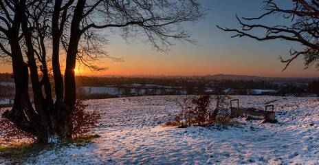 Sunrise over London from Harrow Weald in snowy winter morning, London 