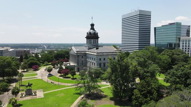 Aerial View of South Carolina State House on Sunny Summer Day, Columbia. Capitol Building and Neighborhood, 60fps Drone Shot