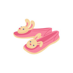 Pair of cute cozy pink slippers with rabbit face and ears a vector illustration.
