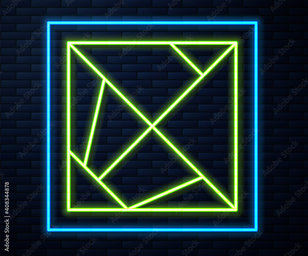Poster glowing neon line rubik cube icon isolated on brick wall background. mechanical puzzle toy. rubik's 
