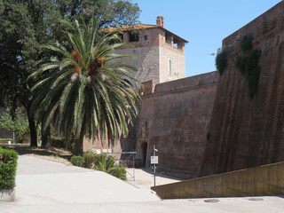 Fortress of Grosseto, the facade with the entrance preceded by a drawbridge and sorrounded by Towers and Bulwarks.
