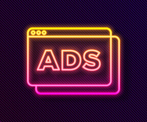 Glowing neon line Advertising icon isolated on black background. Concept of marketing and promotion process. Responsive ads. Social media advertising. Vector.