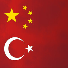 The Turkish flag logo of a white crescent and star with the large gold star and four small stars of the Chinese flag on a red background