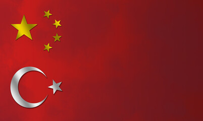 The Turkish flag logo of a white crescent and star with the large gold star and four small stars of the Chinese flag on a red background